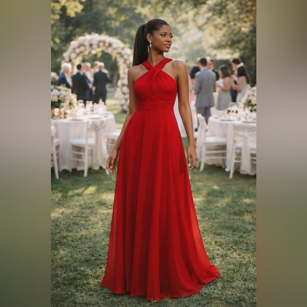 Red Chiffon Twisted Neck Corset Back Long Evening Gown Dress Wedding Guest Sz 10